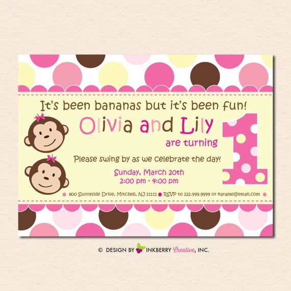 Twin Monkey Girls - First Birthday Party Invitation (Digital File - Printed Cards Also Available) Il_570xn