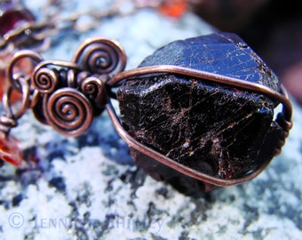 Garnet & Carnelian Pendant Necklace: Wire Wrapped Copper, Natural Healing Raw Almandine Garnet Gemstone Crystal and Gemmy Orange Carnelian