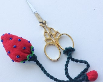 Strawberry Pincushion Fob - Gift For Quilter - Sewing a Gift - Sewing Acessory - Friend Gift - Gift Exchange - EMBROIIDERY SCISSORS INCLUDED