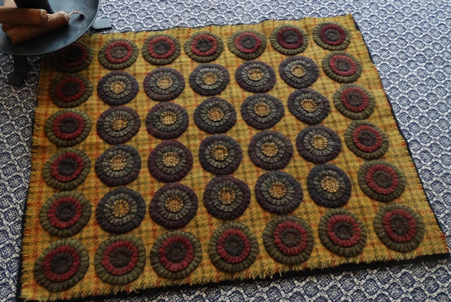 Handmade Primitive Wool Penny Rug Triple layers pennies in