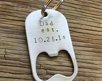 Handstamped bottle opener keychain- personalized keyfob stainless steel gift for him wedding party dad 11th anniversary Fathers Day gift