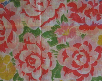 Vintage Cotton Handkerchief - Pink and Yellow Roses on Blue