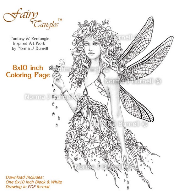 Download Dragonfly Fairy Tangles Printable Gray Scale Coloring Book