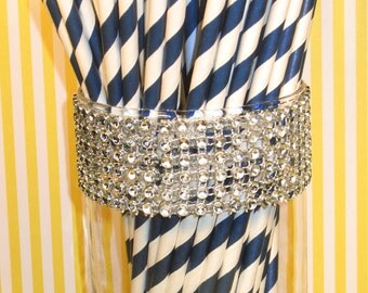 Navy Blue Paper Striped Straws - DIY Flag Toppers (25)