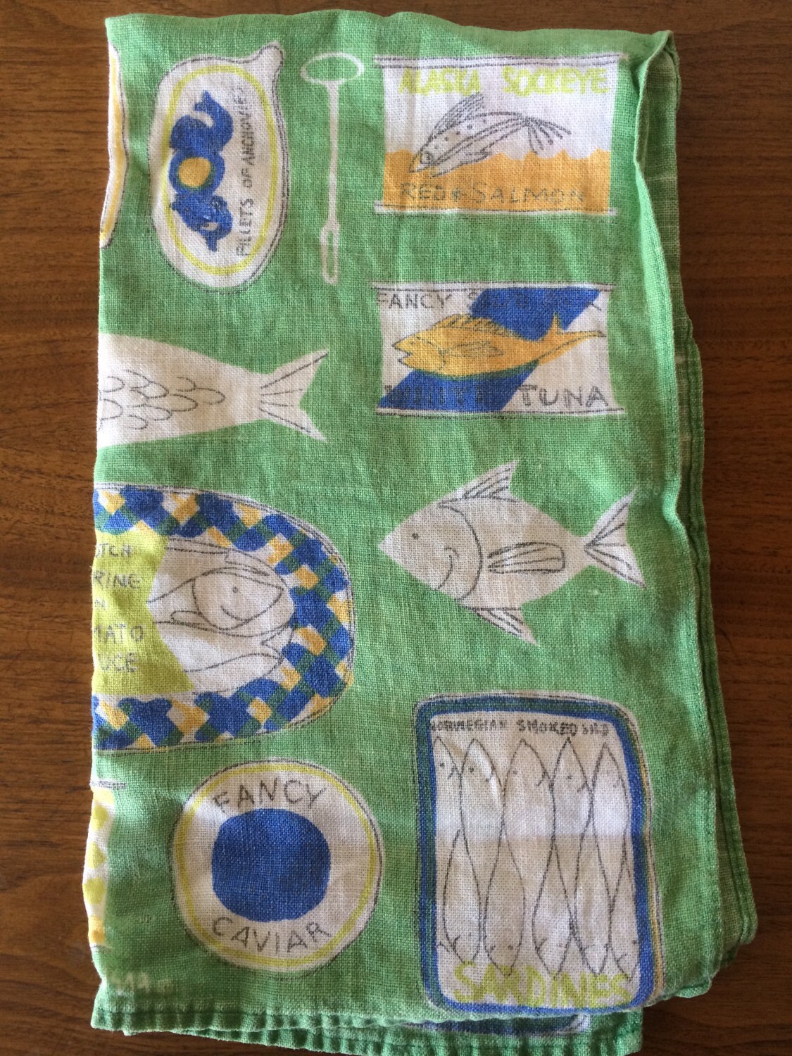 Vintage Fish Theme Tea Towel Bar Food Dishcloth Caviar, Sardines, Crab