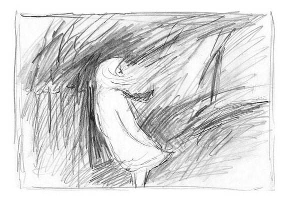 Windy Day Pencil Sketch Wind Blown Figure by MarshNelsonFineArt