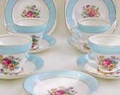 English Bone China Blue Band Rose 1940â€™s Taylor & Smith Floral Footed Teacups Square Plates  Pattern #6732b Made In Lendon, England