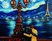 Art Greeting Card, van Gogh Starry Starry Night Paris, Lovers at Night on Bridge Eiffel Tower from Original Oil Painting Art Greeting Card, van Gogh Starry Starry Night Paris, Lovers at Night on Bridge Eiffel Tower from Original Oil Painting