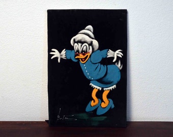 Vintage Velvet Painting of Disney's Grandma Duck / Kitsch Velvet Art