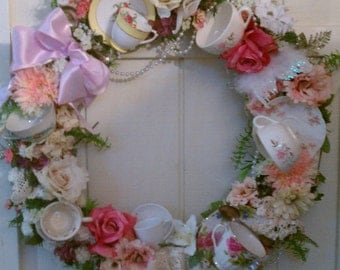 Antique Teacup, Lace and Pearl Front Door Wreath