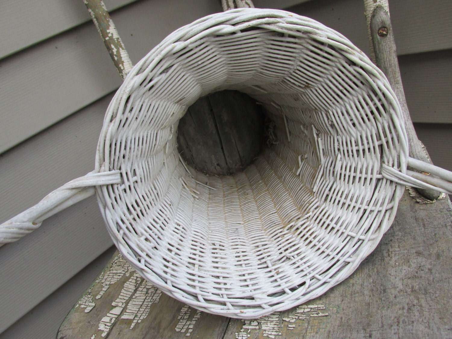 Vintage Wicker Basket Tall with Even Taller Handle White