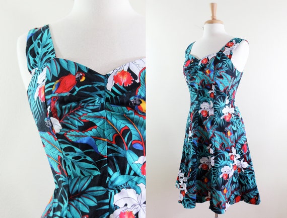 Vintage Hawaiian Parrot Print Cotton Sundress