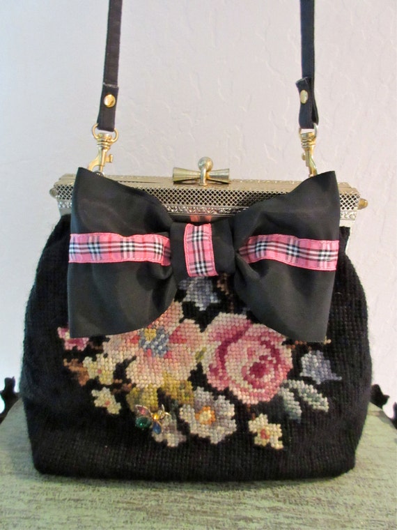 Vintage Needlepoint Roses Handbag Evening or Casual