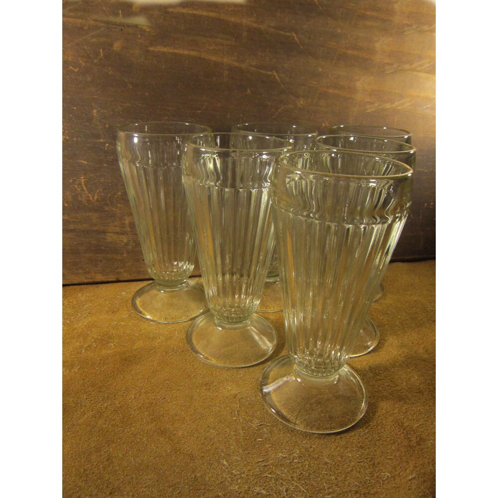 Set of 2 Ribbed Clear Glass Ice Cream Soda Glasses Pedestal Float