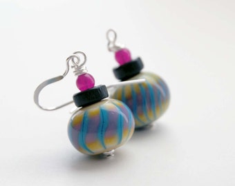 Colorful Earrings, Lampwork Glass Earrings, Striped Earrings, Ombre earrings, Pink Blue Earrings