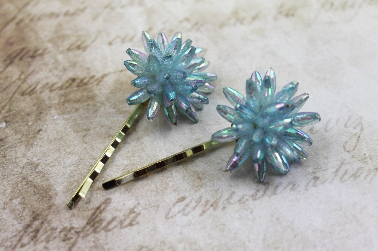 Vintage Aqua Jeweled Hair Pins 1950s Chrysanthemum Clusters