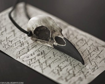 Raven Skull Pendant - Resin Bird Skull Necklace (Aged Finish Painted Beak) - Gothic Taxidermy Bird Skull
