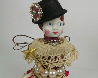 Assemblage Angel, Art Doll, "The Rhinestone Fedora" Assemblage Art Doll