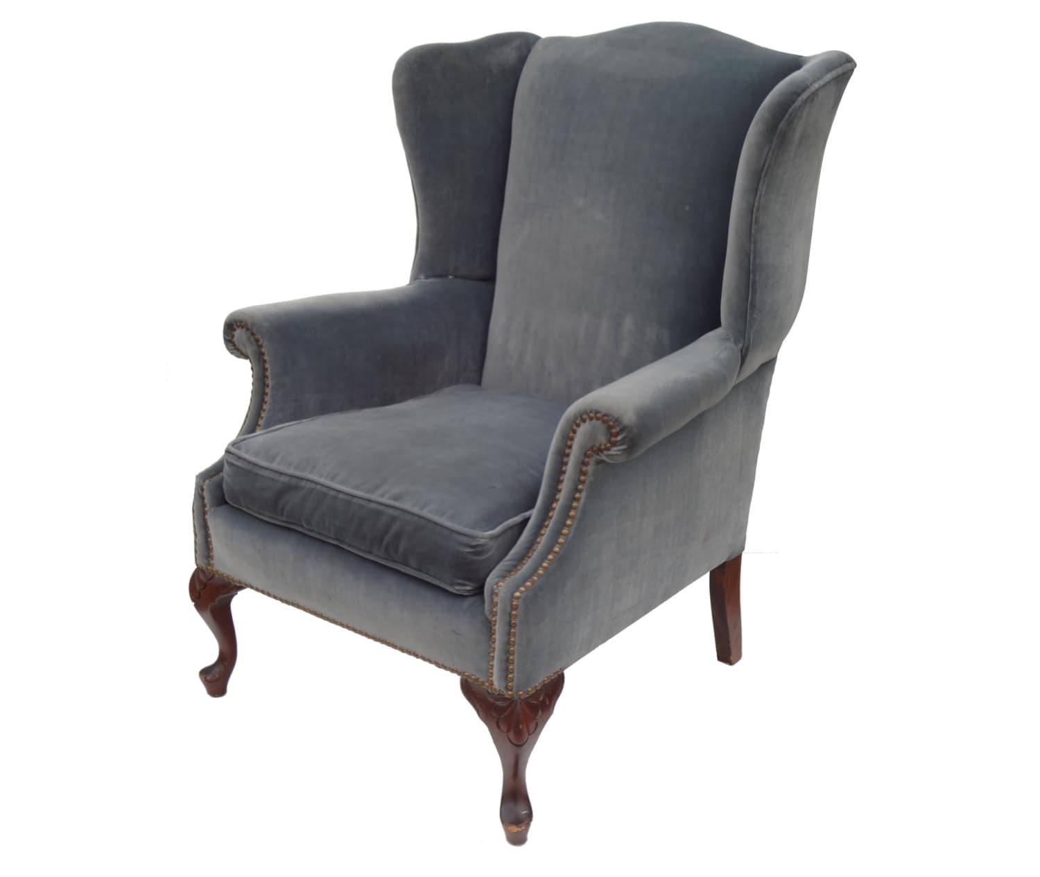 Blue Velvet Wing Chair with Brass Nailhead Trim and Scalloped