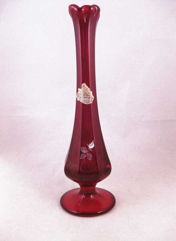 Fenton Art Glass Ruby Red Bud Vase Roses Hand PaintedSigned Walsh