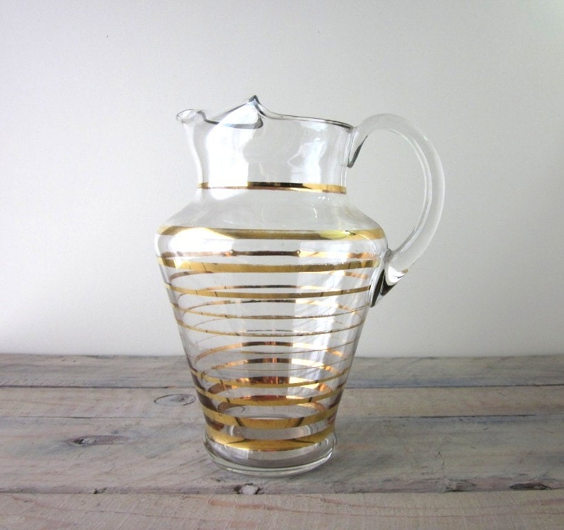 Vintage Glass Serving Pitcher with Gold Stripes Retro Barware