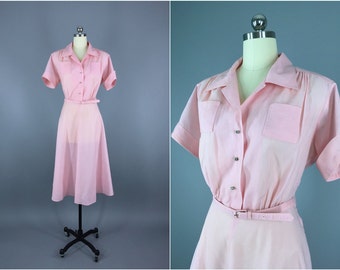 Vintage 1950s Dress / 50s Day Dress / 1950 New Look Dress / Pastel Pink Rhinestone Buttons Mid-Century Mad Men