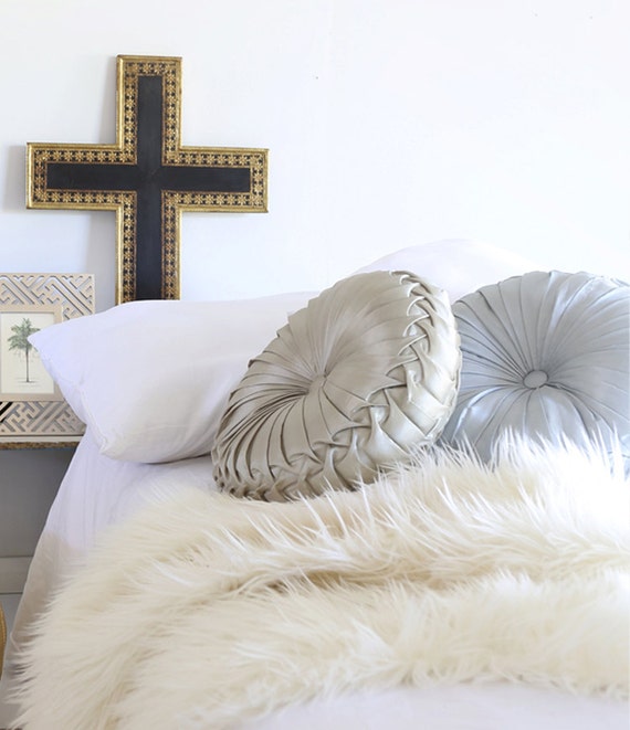 Round bed cushion in pale gold with pleated satin by RockRibbons