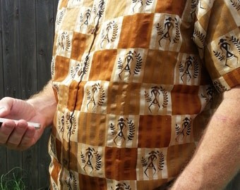 Men's Handmade Woven Indian Sari Silk Button Down Dress Shirt - Tribal Woman on Brown Blocks - Kobieta H826