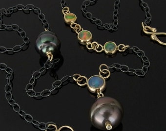 Tahitian Pearl, Ethiopian Opal, 14k Gold and Sterling Silver Necklace, Tahitian Pearl Necklace, Ethiopian Opal Necklace