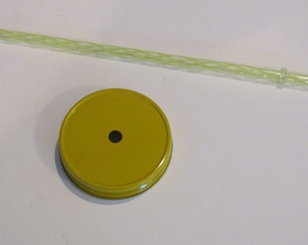 Colored Mason Jar metal lid with hole and plastic straw yellow, Regular mouth metal lids, Mason Jar Top, Reusable straw, fun mason top straw