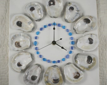 Oyster Shell Wall Clock with ocean hued sea glass