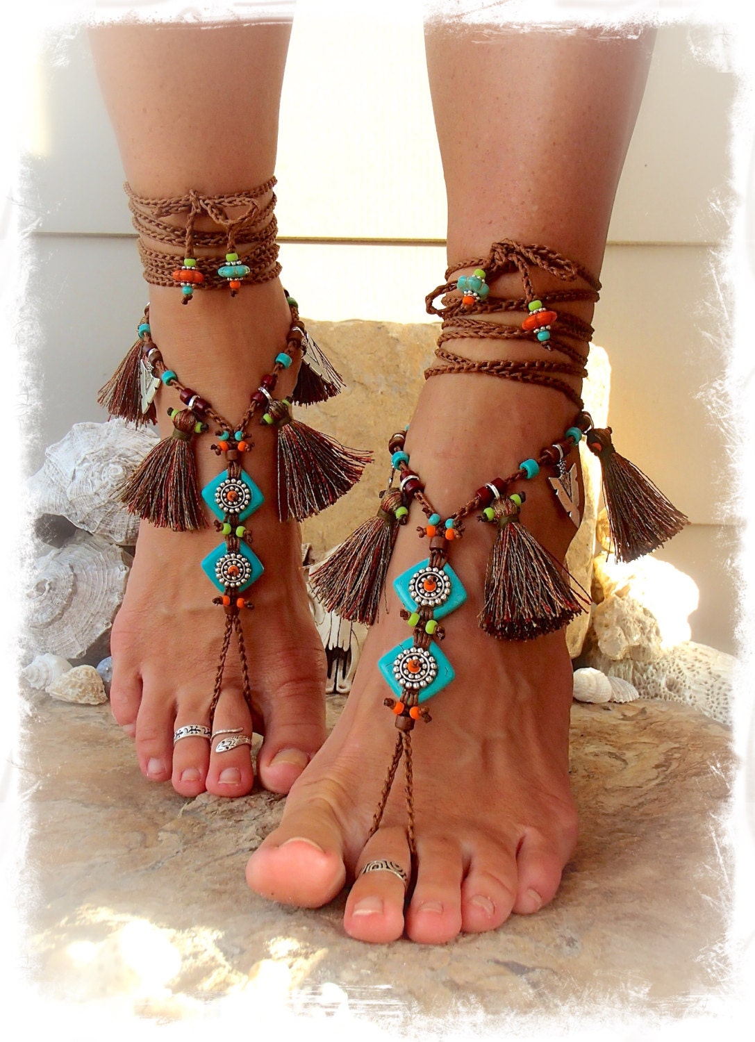 Pocahontas BAREFOOT Sandals Tribal Tassel Fringe Sandal