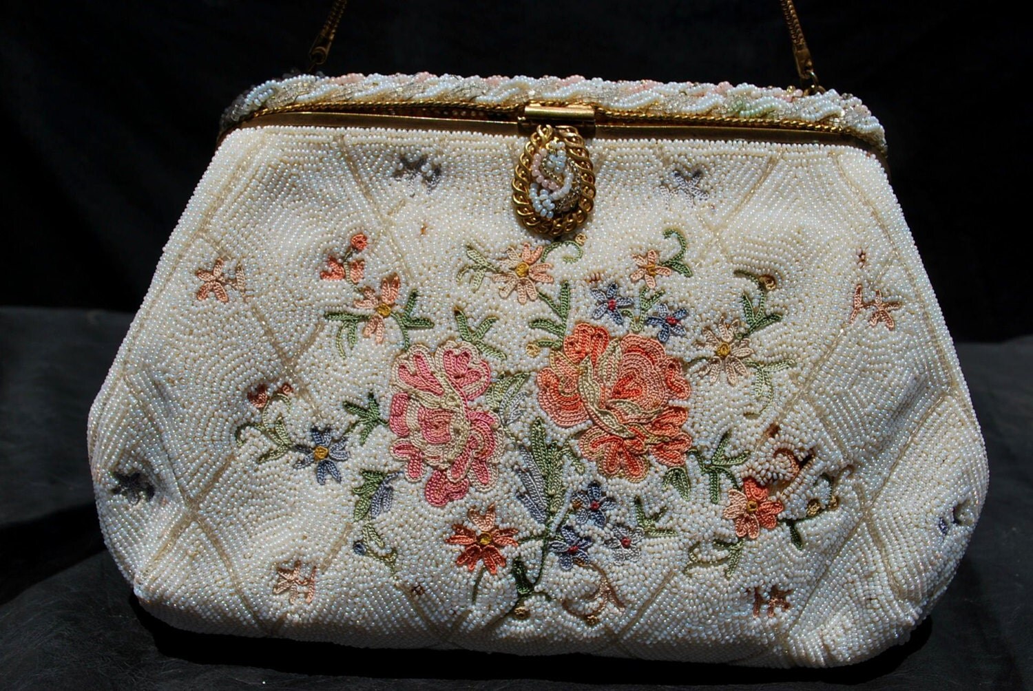 Vintage JORELLE bag purse hand beaded made in France floral