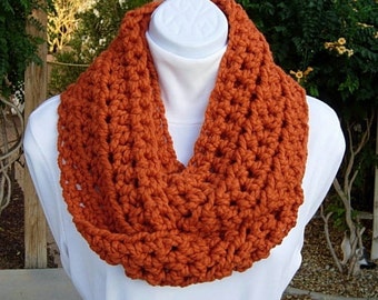 Infinity Scarf Cowl Loop, Pumpkin Solid Orange, Bulky Soft Wool Blend, Crochet Knit Winter Circle Thick Neck Warmer..Ready to Ship in 2 Days