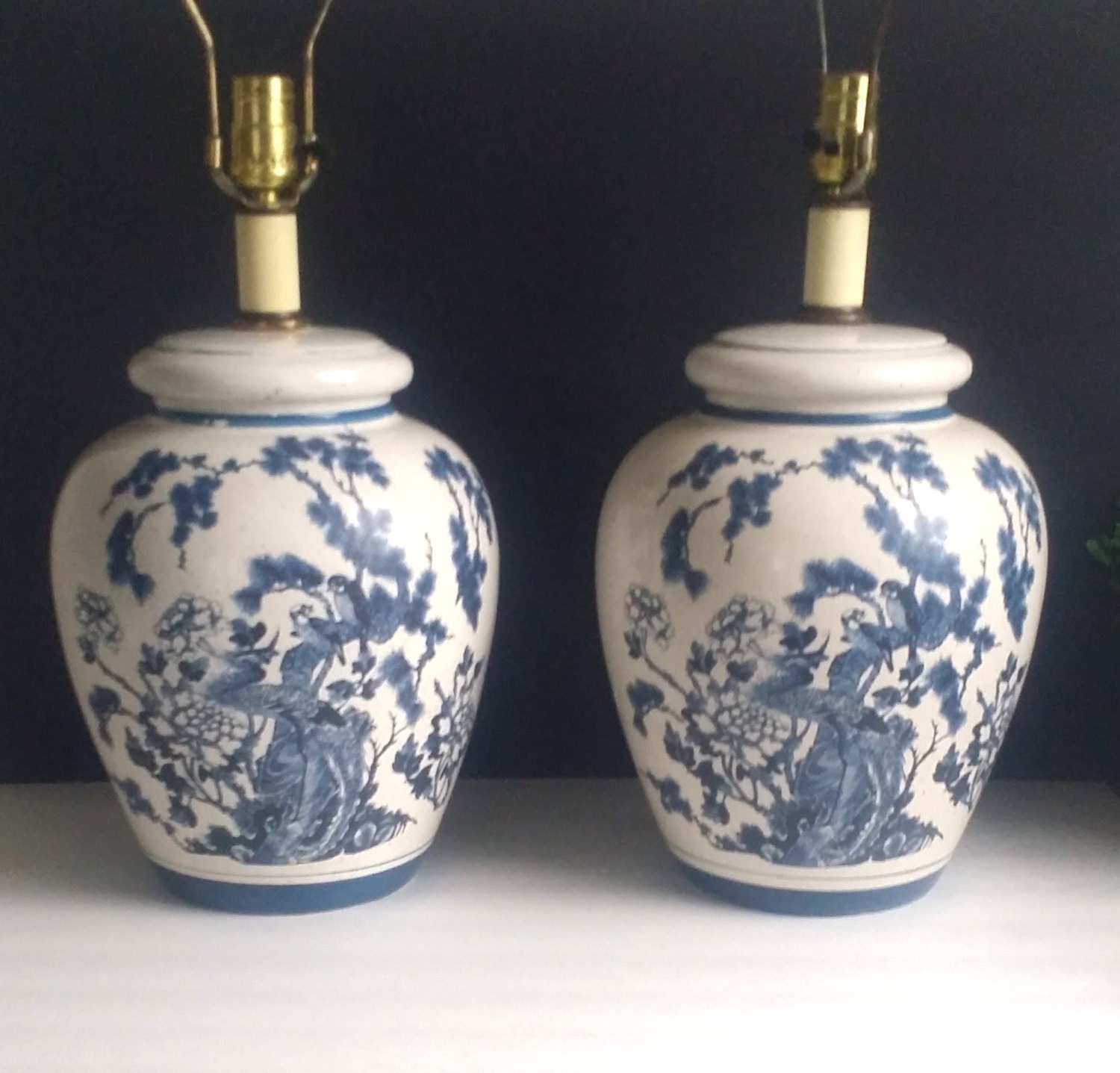 Reserved Blue and White Ceramic Lamp /Chinoiserie Pair Table