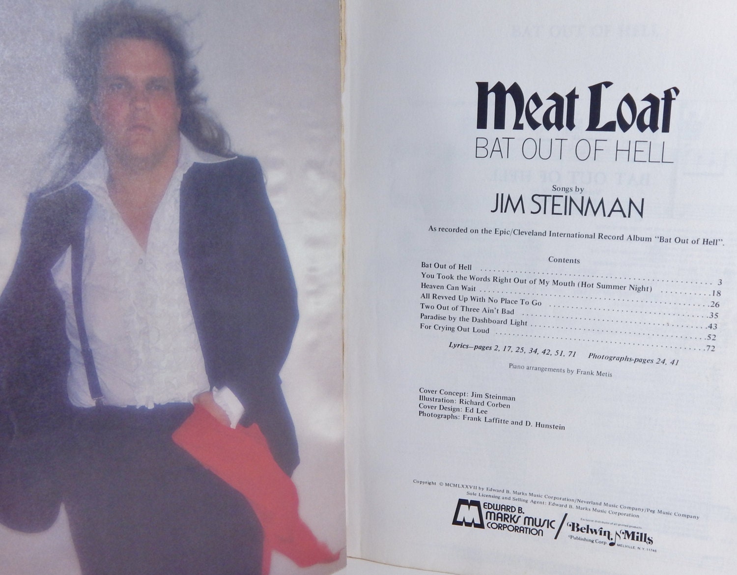 Vintage Sheet Music Meat Loaf Bat Out Of Hell Sheet Music Book