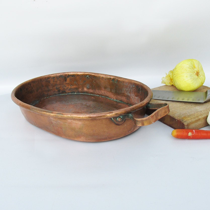 Antique Hand Solid Copper Roasting Pan Gratin Pan