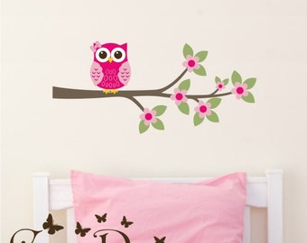 Owl on Branch with flowers - Reusable Fabric decal, Removable, reusable and repositionable fabric decal