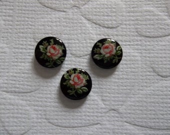 Vintage Decal Picture Stones - Pink Rose on Black Cameo - 8mm Round Glass Cabochons - Qty 6