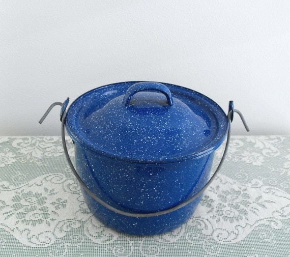 Vintage Blue Enamelware Pot and Lid Blue Speckled Cook Pot
