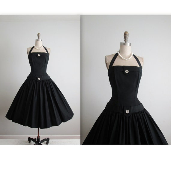 50's Dress // Vintage 1950's Elegant Black Rhinestone