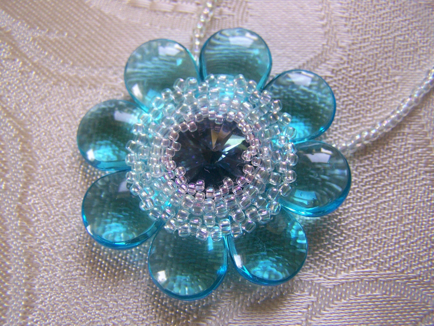 Flower Pendant Seed Bead Bezeled Necklace by lindasoriginaljewels