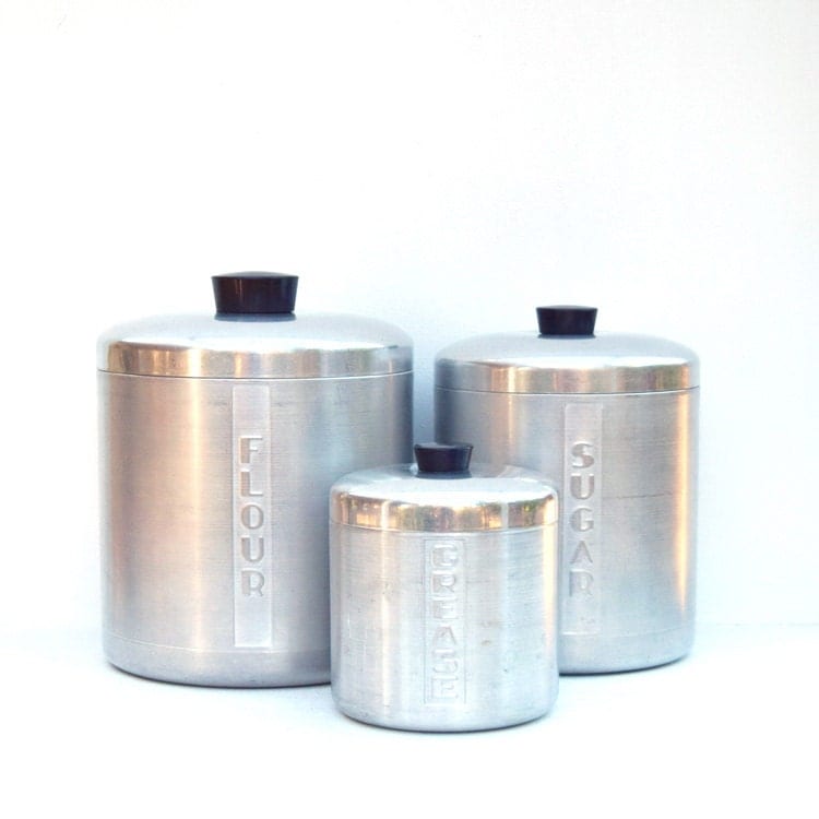 Storage containers brushed aluminum set of 3 Flour Sugar Grease vintage