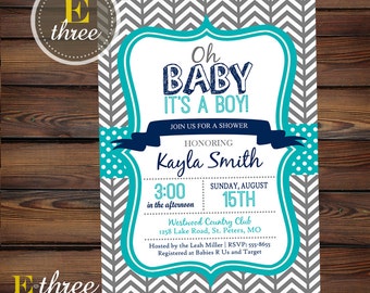 Baby Boy Shower Invitation - Modern Hipster Baby Shower Invite - Navy, turquoise, gray - Chevron and Polka dots