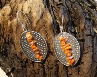 Orange Coral Chip Earrings - PMC and Coral Shields - Fine Silver Dangles