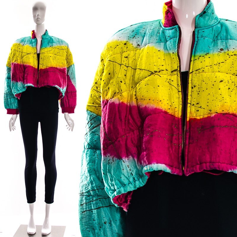 Vtg 80s ABSTRACT NEON Teal Yellow Magenta Dip Dyed Airbrush