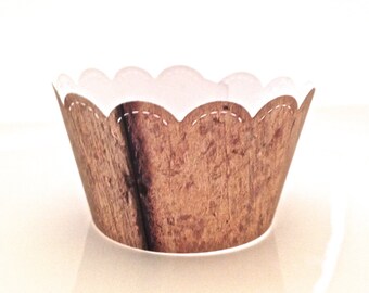 12 Scalloped Rustic Faux Barn Wood Grain Cupcake Wrappers