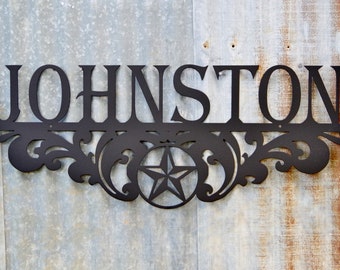 Metal Family Name Sign Texas Star Scroll