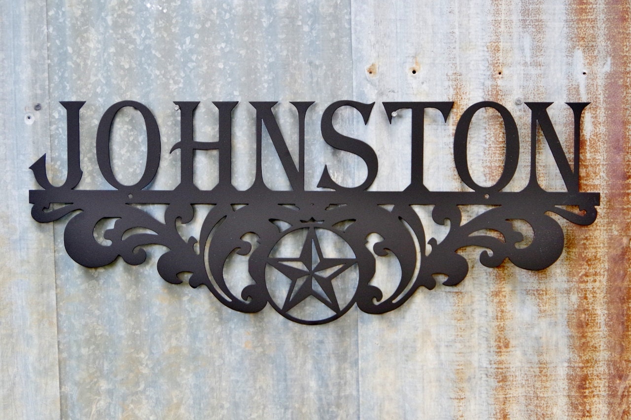 Metal Family Name Sign Texas Star Scroll