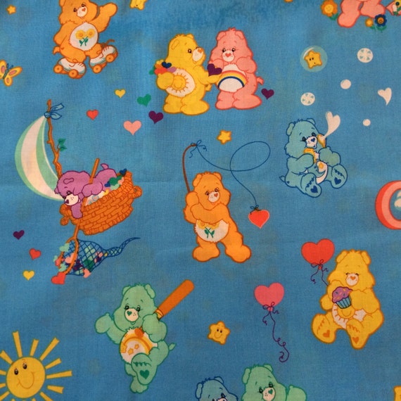 Care Bear Hearts Rainbows Stars Cotton Fabric Blue Background Fat Quarter OOP 55